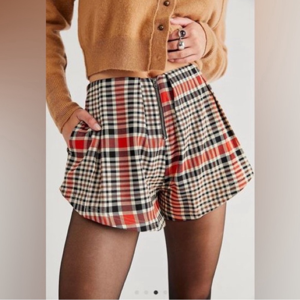 Free People Womens Shorts Orange Black Plaid Mayfair Pleated Zip Front Size 10